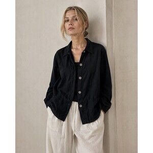 Black 100% Silk Artwear Jacket XL Textured Lagenlook Minimalist Patch Pocket